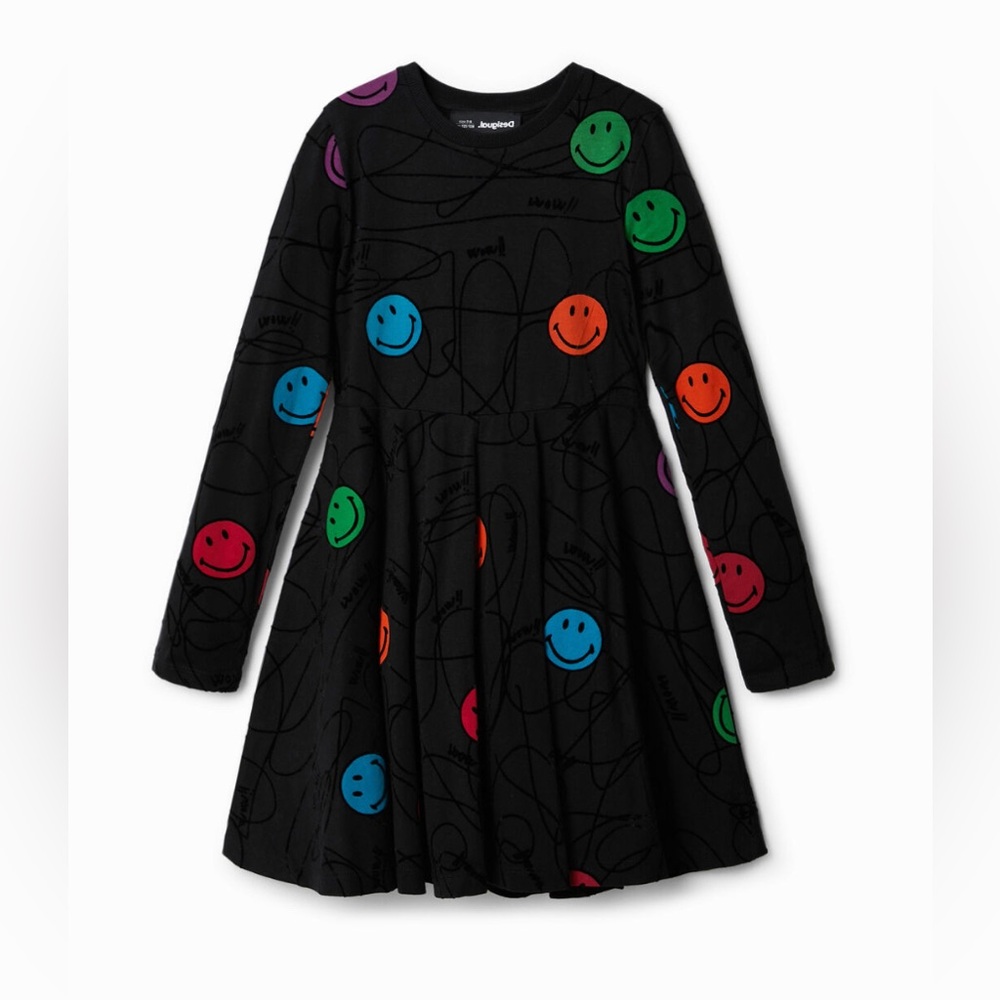 Smiley Face Patterned Kids Dress - Multicolor